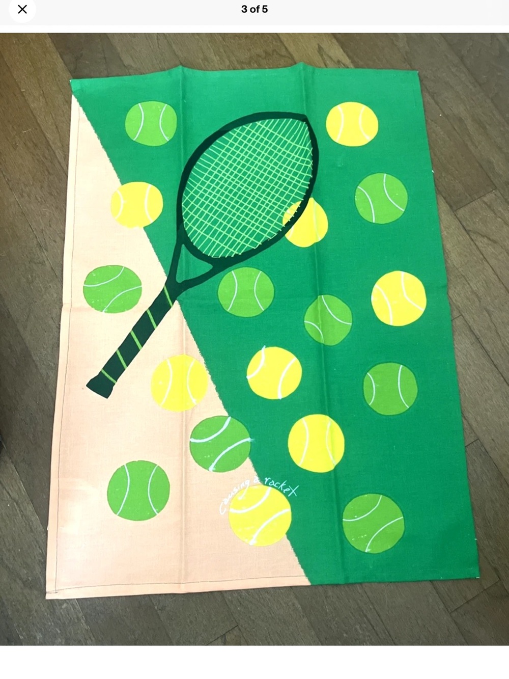 Anthropologie Green & Peach Tennis/PicklebalRacket Print Towel causing a racket. - Picture 4 of 6